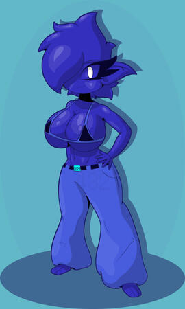 A picture of a blue human-like creature with long ears, her bangs cover one of her eyes. Her name is Dust and she is wearing a bikini top with bell-bottom jeans.